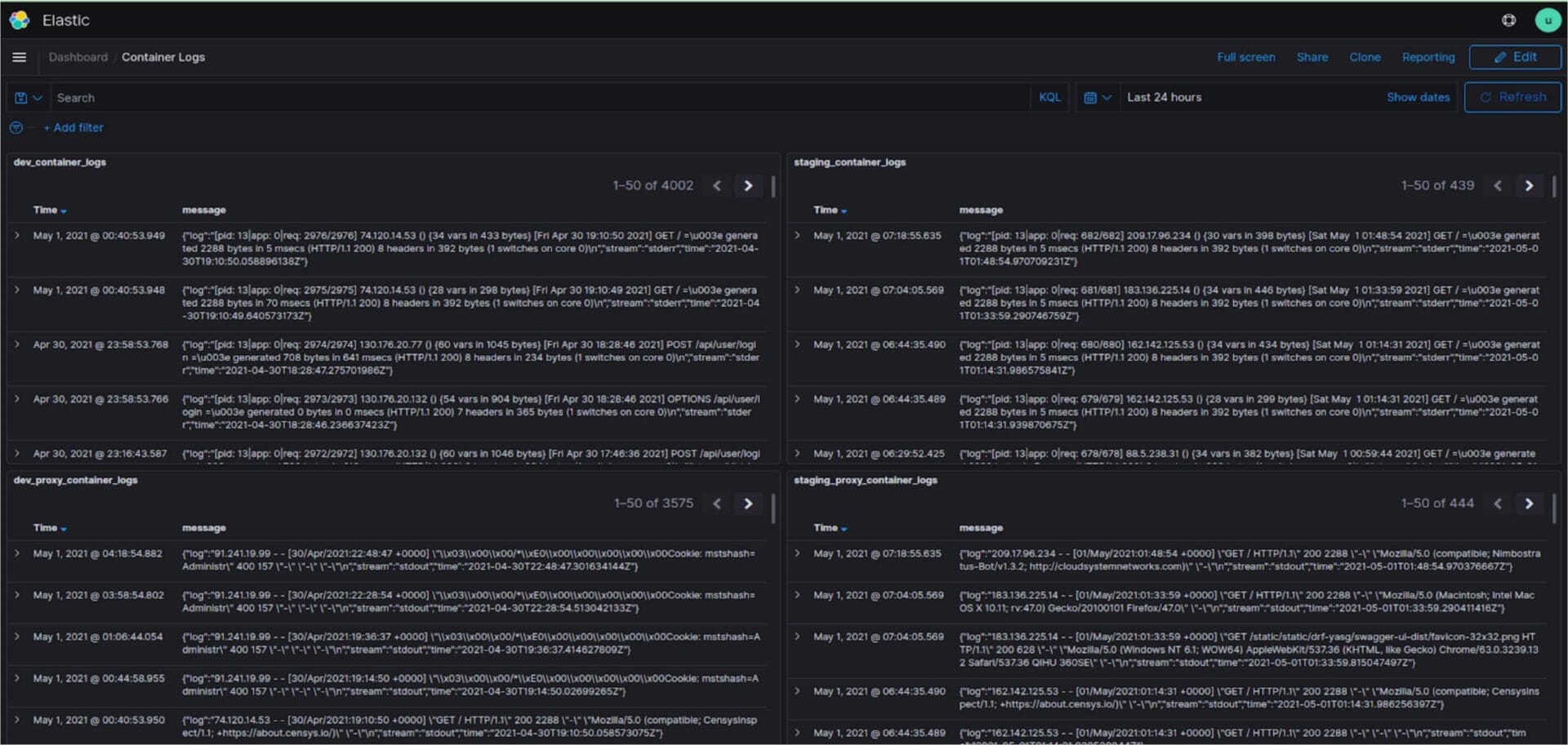 Containers logs from to different environments in a single dashboard